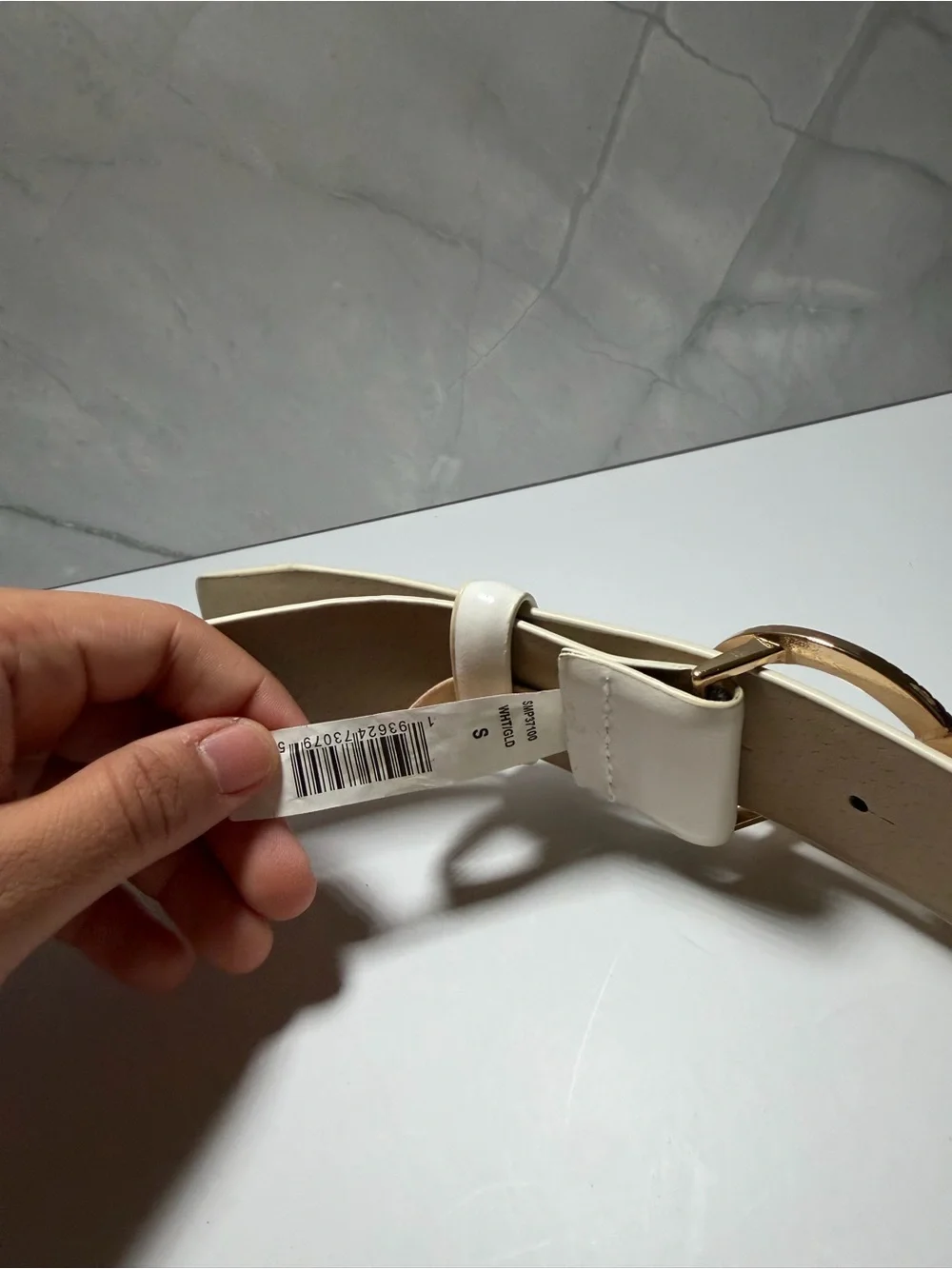 White faux leather interlocking double gold circle metal buckle womens belt